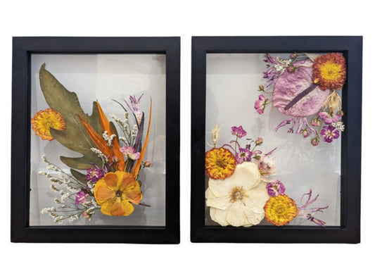 Custom pressed flower art capturing the beauty of a preserved wedding bouquet.