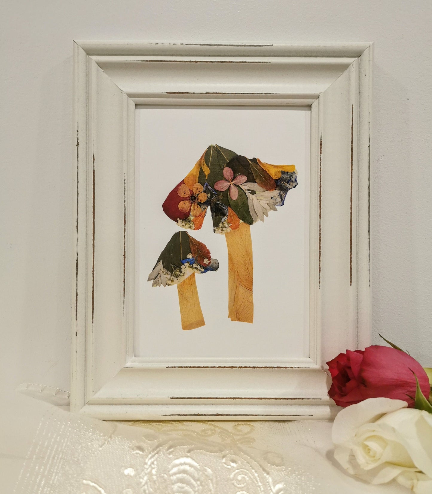 Timeless pressed flower artwork made from a preserved wedding bouquet.