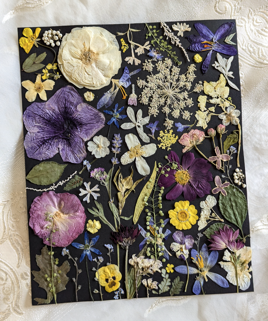Nature-inspired artwork featuring pressed fern leaves and blossoms.